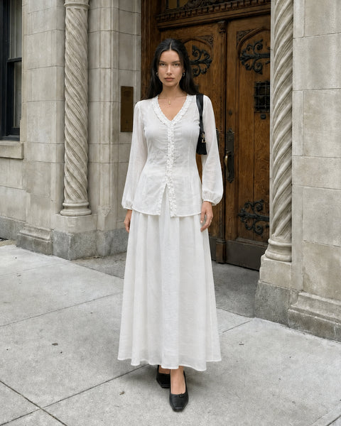 Ruffle Trim Button Front Full Sleeve Top and Maxi Skirt Co-ord Set in Jet White