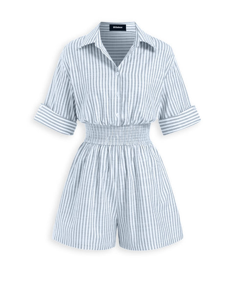 Striped Collared Button Front Smocked Waist Romper in Baby Blue