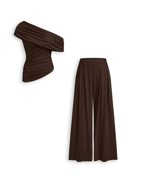 Asymmetrical Neck Ruched Top and Mid Rise Wide Leg Trousers Set in Chocolate Brown