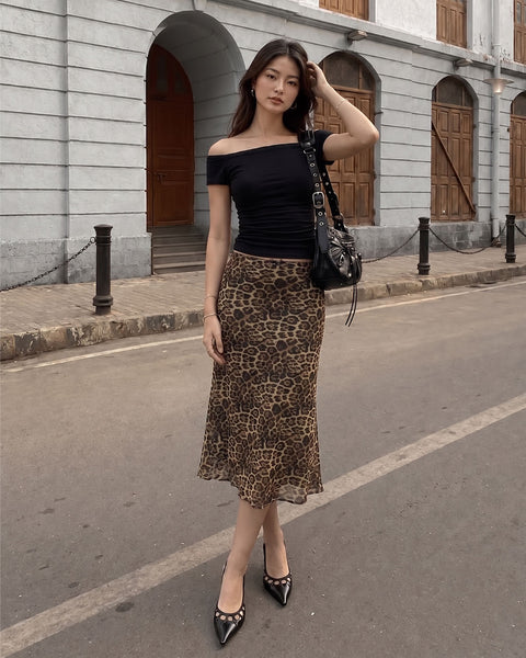 Mesh Low Rise Leopard Print Bowknot Mermaid Skirt in Cocoa Brown