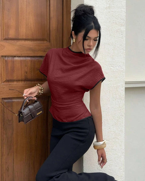 Draped Mock Neck Peplum Top in Cherry