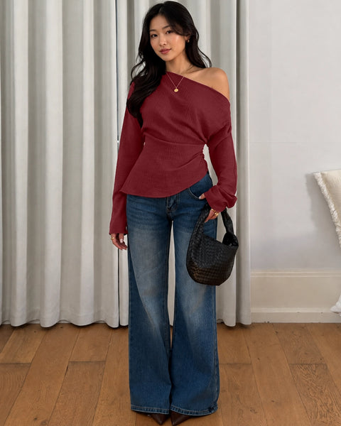 Party Off Shoulder Long Sleeve Fitted Top in Burgundy