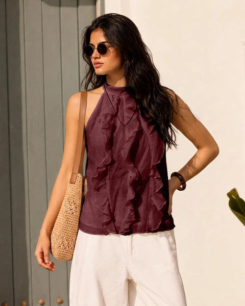 Halter Neck Sleeveless Ruffle Top in Wine Maroon