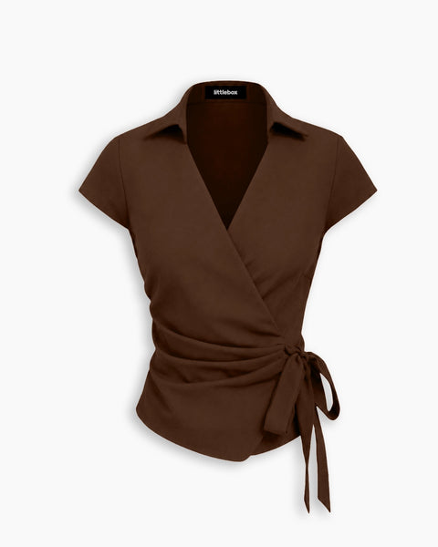 Collared Wrap Tie Top in Rust Brown