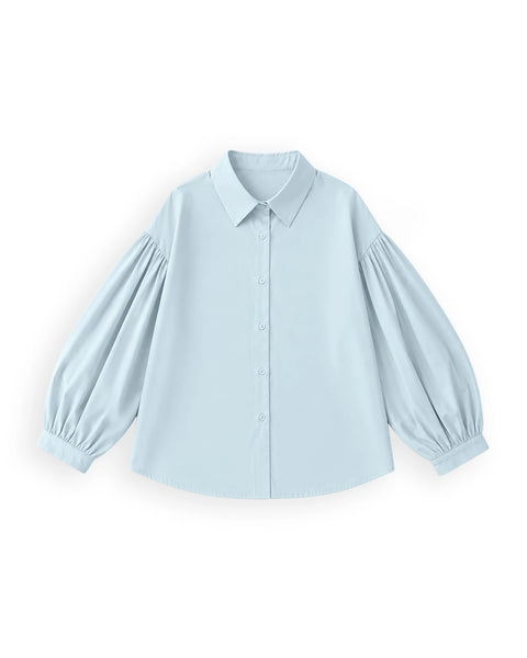 Collared Polka Dot Balloon Sleeve Shirt in Sky Blue