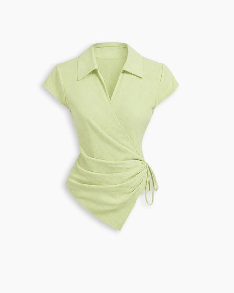 Collared Wrap Front Ruched Tie Top in Herbal Green