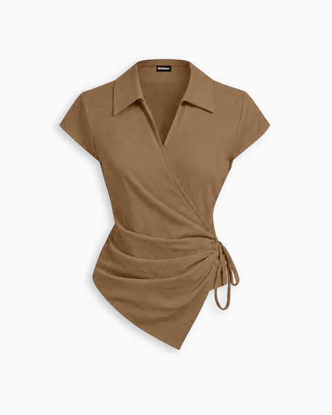 Collared Wrap Front Ruched Tie Top in Mocha Brown