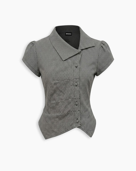 Gingham Pointed Collar Button Front Peplum Top in Jet Black and Charcoal Grey