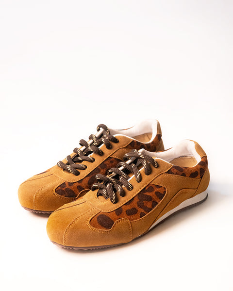 Leopard Panel Lace Up Low Top Sneakers in Brown
