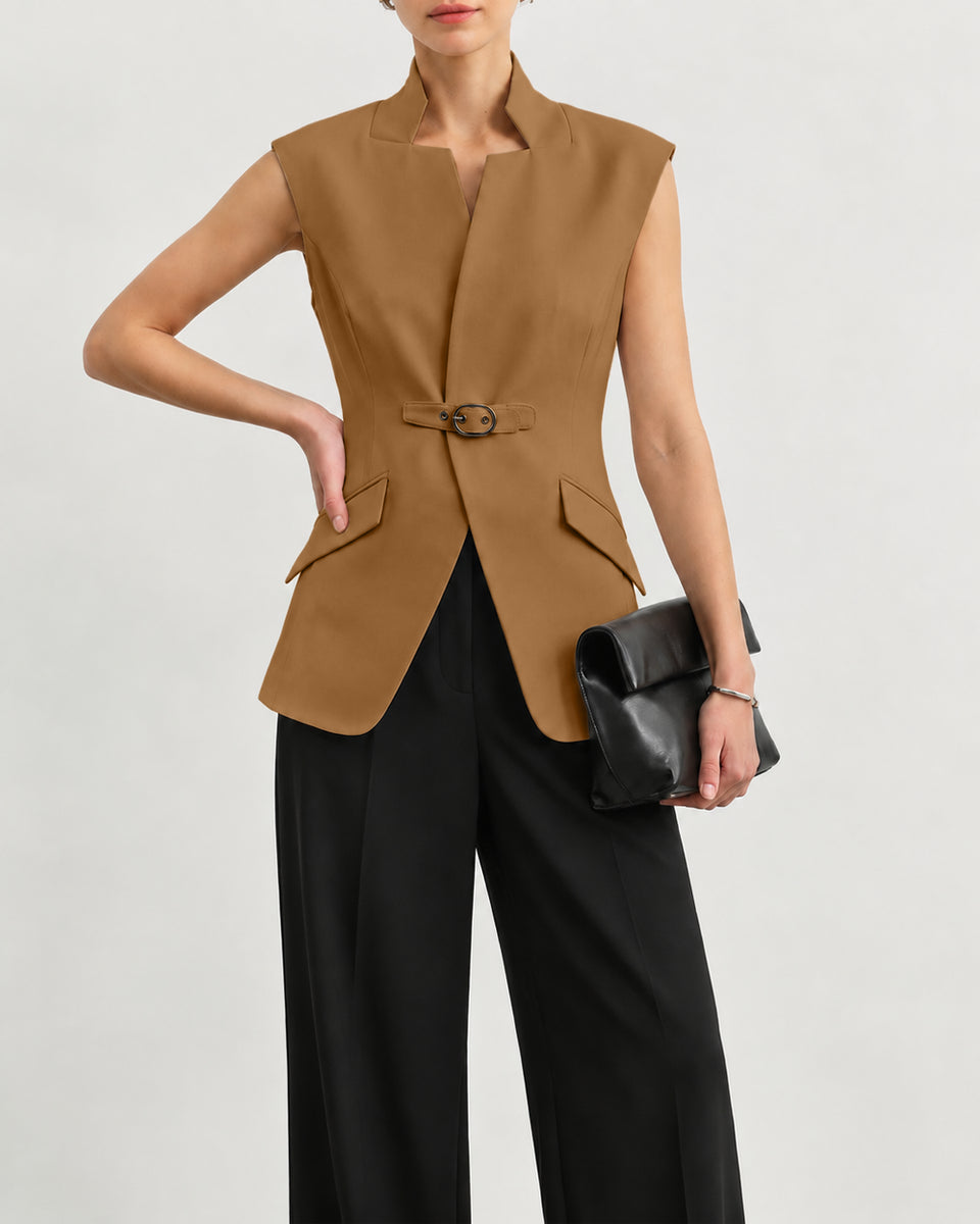 Notched Collar Buckle Detail Sleeveless Peplum Top in Caramel