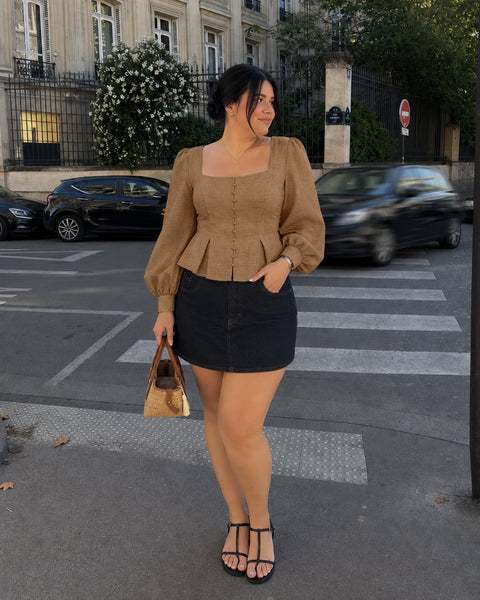 Square Neck Button Front Puff Sleeve Peplum Top Curve and Plus in Coffee Brown