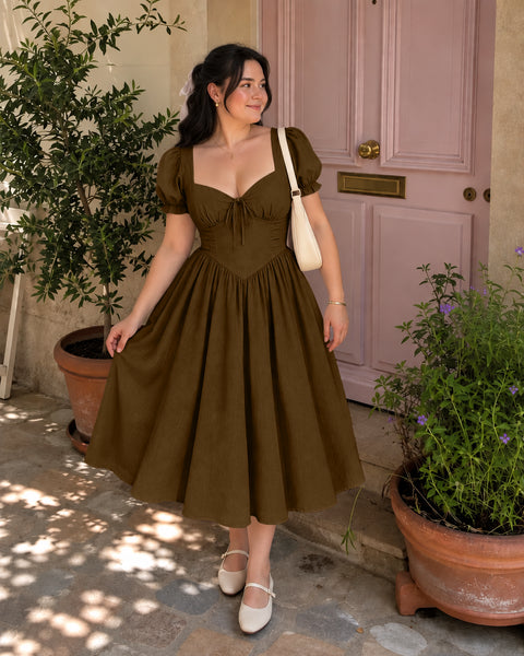 Sweetheart Neck Puff Sleeve Fit and Flare Midi Dress Curve and Plus in Cocoa Brown
