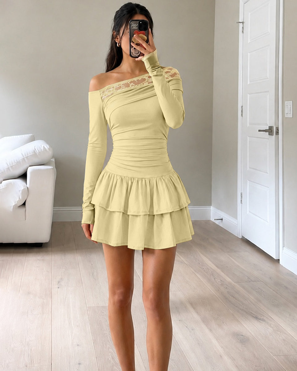 Off Shoulder Lace Trim Ruched Tiered Mini Dress in Vanilla