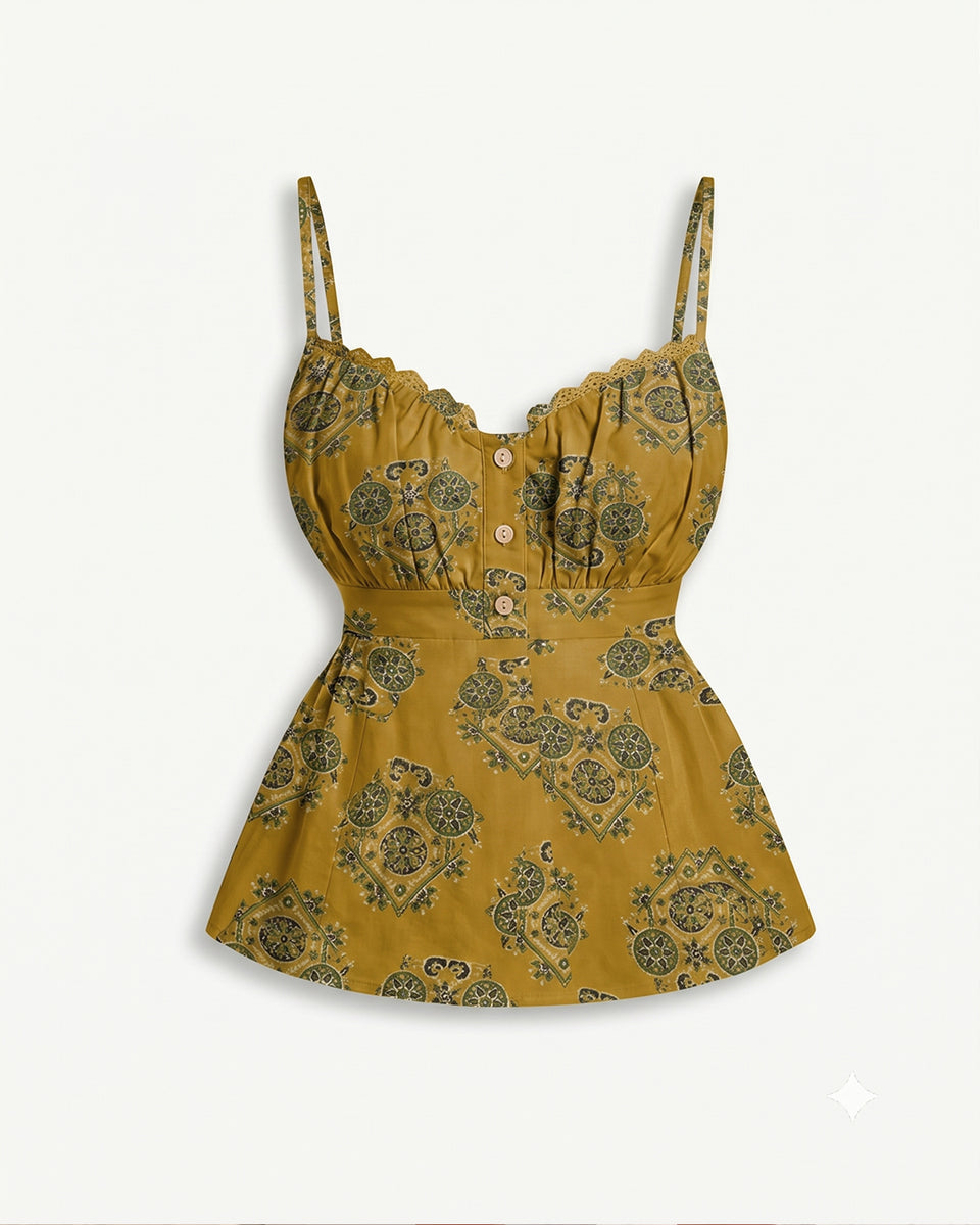 Paisley Sweetheart Neck Button Front Peplum Top in Olive green