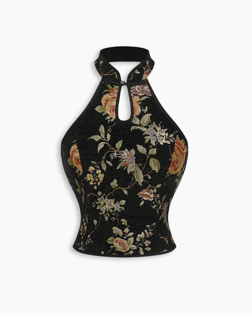 Keyhole Halter Neck Button Floral Top in Classic Black