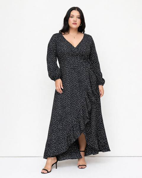 Polka Dot Wrap Full Sleeve Ruffle Hem Dress Curve & Plus