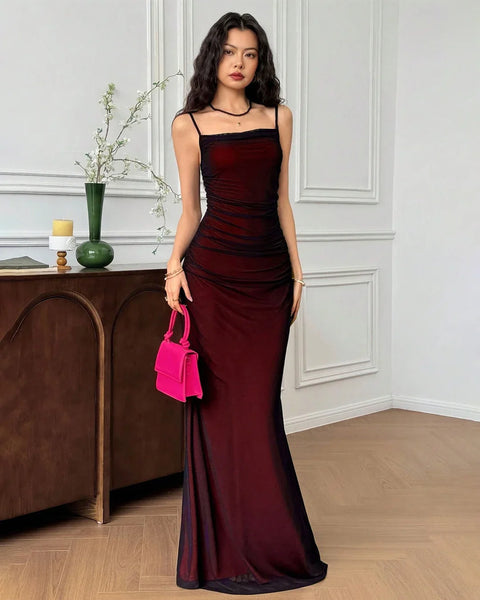 Square Neck Ruched Fishtail Hem Fitted Bodycon Maxi Dress in Black