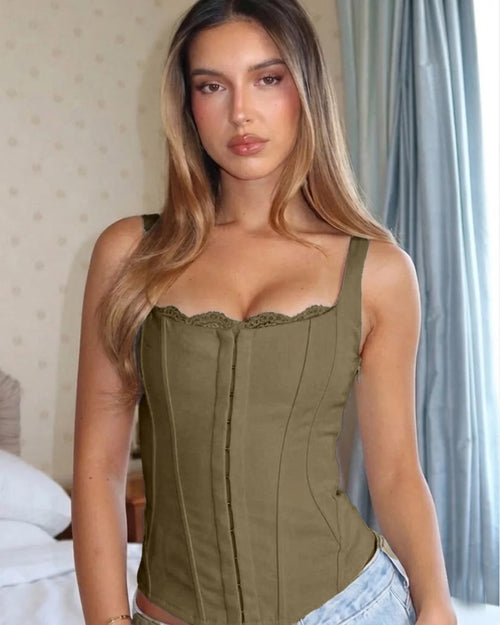 Structured Lace Trim Corset Top In Brown