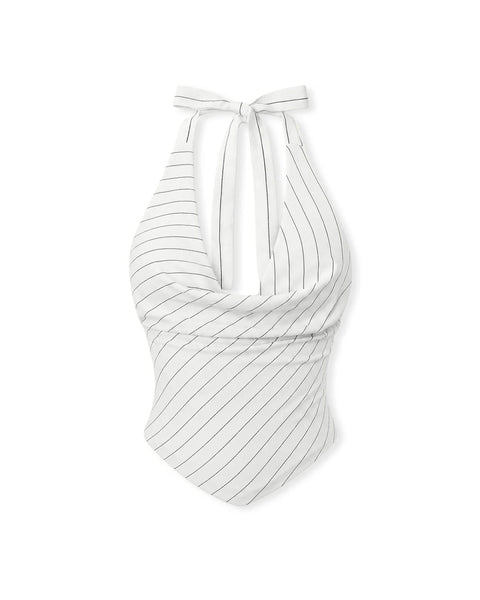 Striped Tie Halter Neck Fitted Top in White