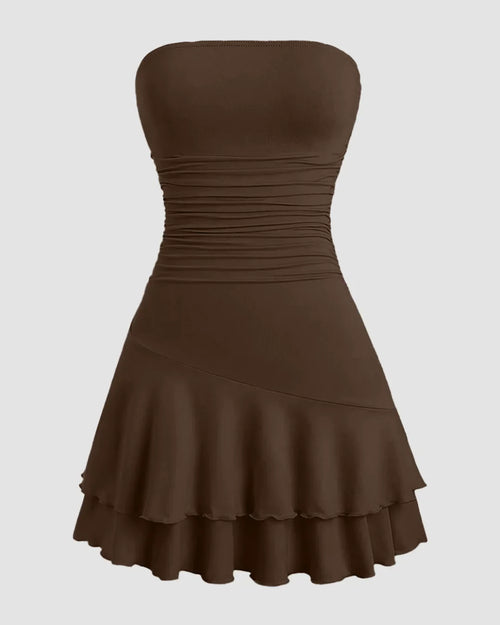 Strapless Ruched Layered Mini Dress in Brown
