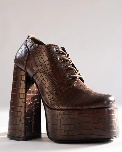 Brown Croc Embossed Chunky High Platform Ankle Heel Boots