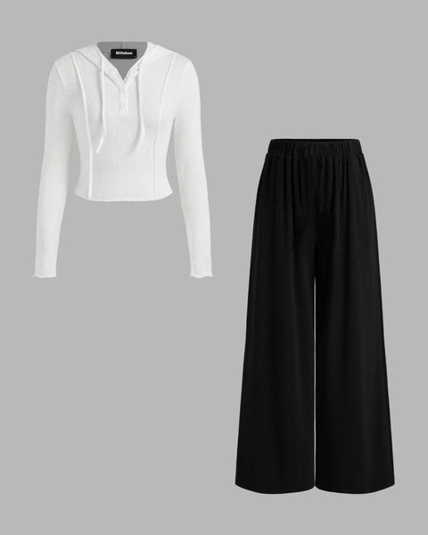 Hooded Solid Top & Mid Rise Pocket Wide Leg Trousers Set
