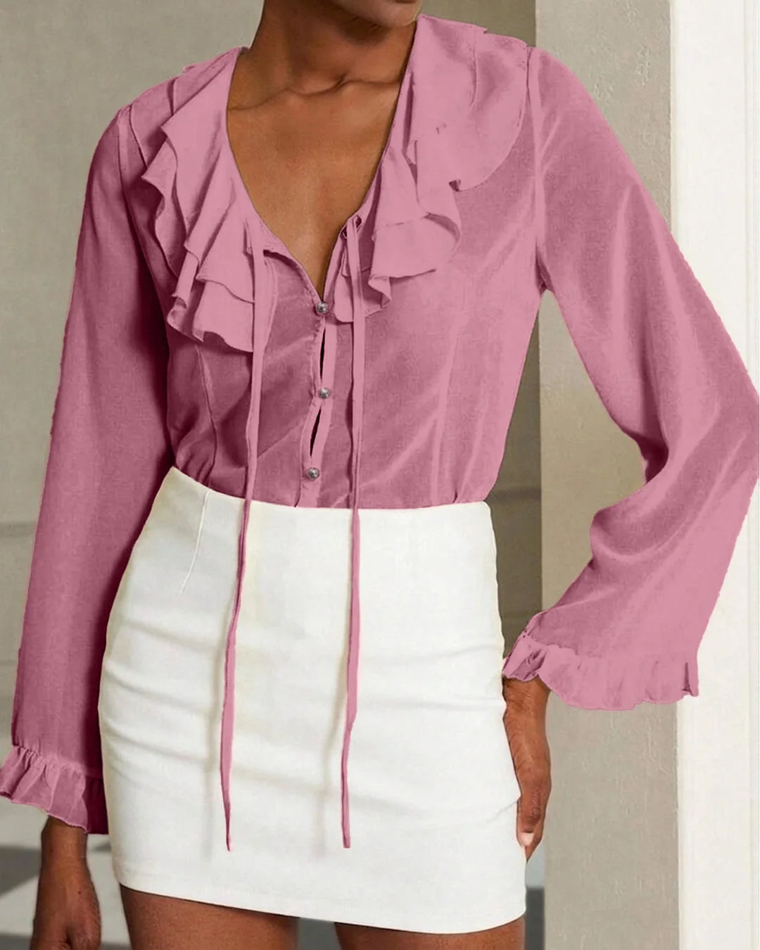 Ruffle Trim Semi-Sheer Bell Sleeve Top in Dusty Pink- Littlebox India