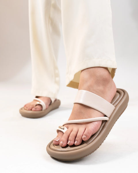Beige Strappy One-Toe Flat Sandals