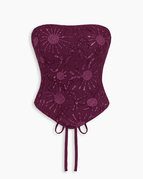 Strapless Floral Sequin Embellished Corset Top in Wine Maroon