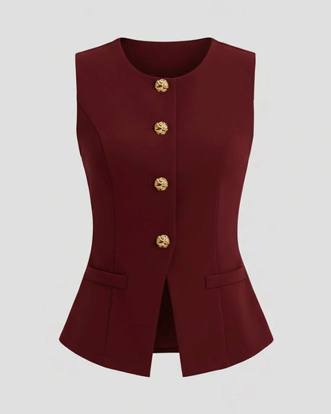 French Style Metal Button Sleeveless Thin Waistcoat in Maroon