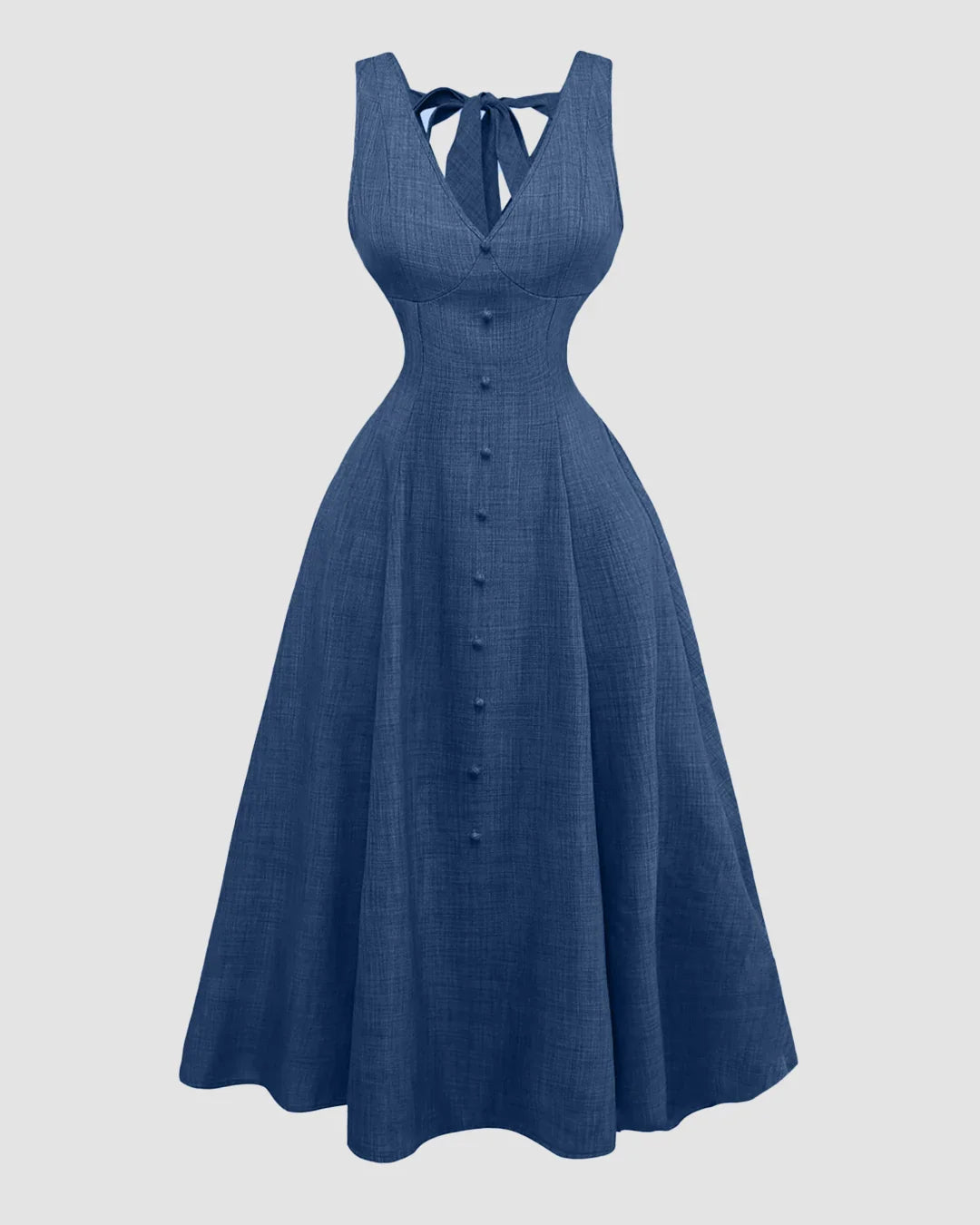 Blue V-Neck Button-Down Bow Back A-Line Midi Dress Curve & Plus Blue V-Neck Button-Down Bow Back A-Line Midi Dress Curve & Plus