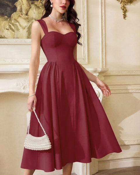 Vintage Sweetheart Neck Flared Midi Dress in Burgundy