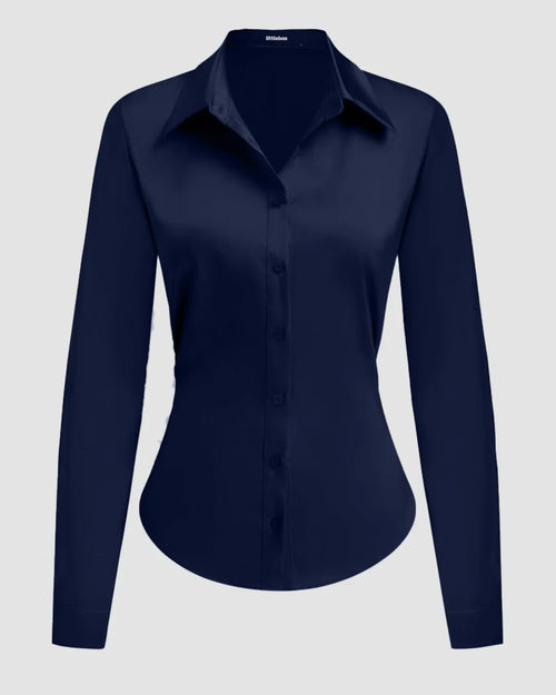 Satin Button-Down Collar Full Sleeve Shirt in Navy Blue
