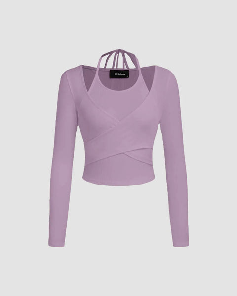 Solid lilac rib-knit full sleeve top with a wrap-front design and cut-out neckline for a sleek, sculpted look.