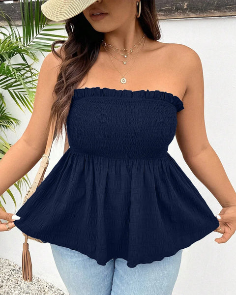 Navy Blue Smocked Peplum Tube Top Curve & Plus