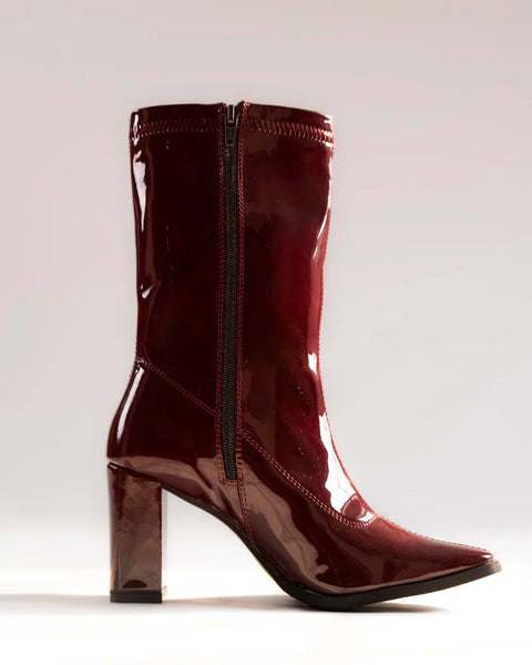 Block Heel Front Zip Solid Mid-Calf Boots in Cherry