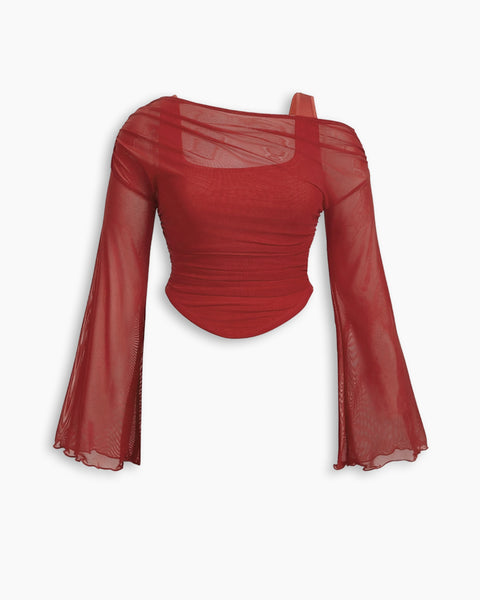 Asymmetric 2 in 1 Sheer Mesh Knit Top Curve & Plus in Dark Red Front View for Women | Littlebox India