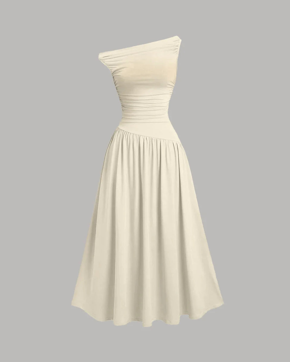 beaded midi dress with sheer ruffled sleeves in frosted sage Evita Off-Shoulder Midi Dress (Beige) – Deseo