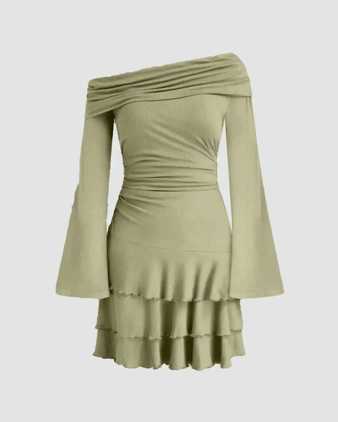 Neck Ruched Layered Mini Dress In Sage Green - Littlebox India Neck Ruched Layered Mini Dress In Sage Green - Littlebox India