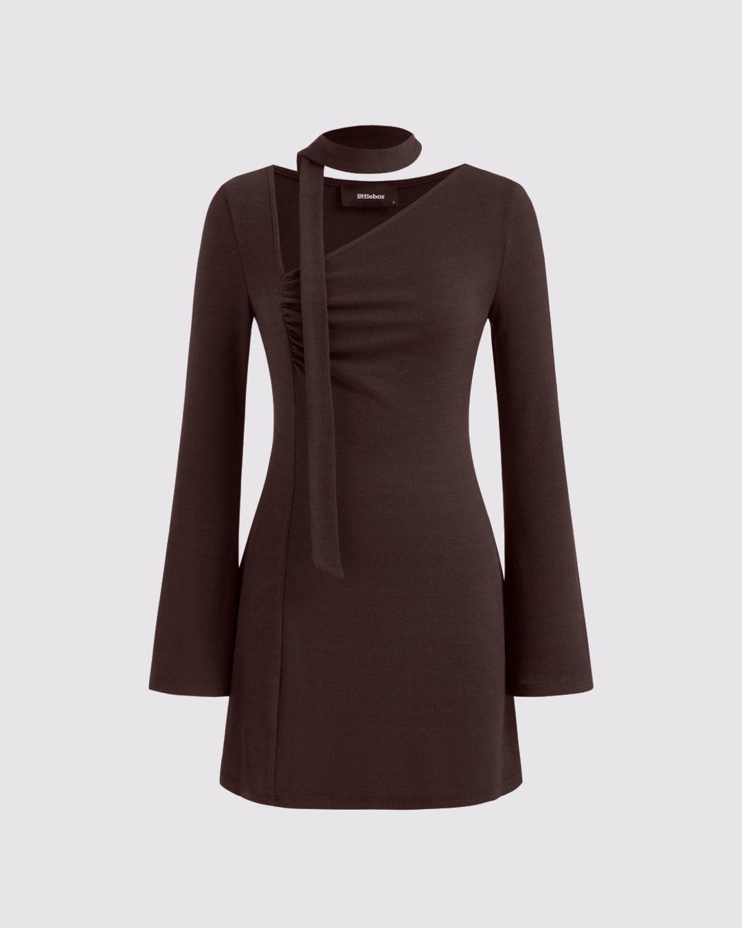 Asymmetrical Neck Ruched Mini Dress With Scarf In Chocolate Brown
