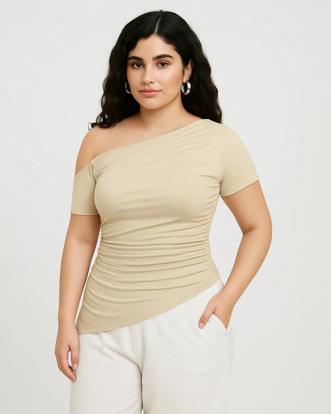 トップス OMMO ASYMME TUCK HALF SLEEVE TOP OMMO ONLINE STORE / ASYMME TUCK HALF SLEEVE TOP