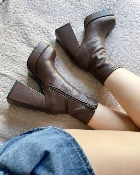 Brown Ankle Boots with Chunky Platform Heel
