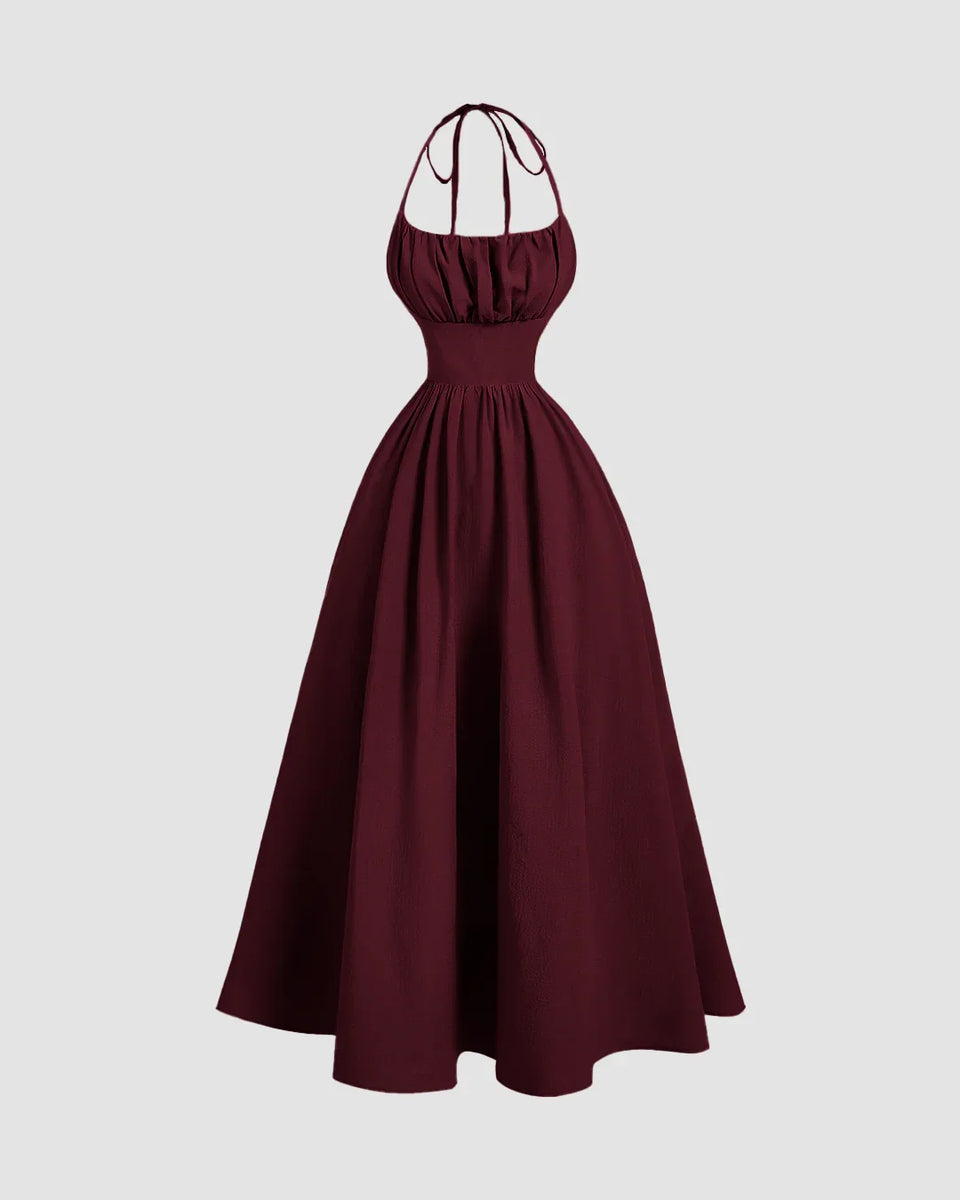 Halter Neck Gathered Midi Dress in Maroon - Littlebox India Halter Neck Gathered Midi Dress in Maroon - Littlebox India