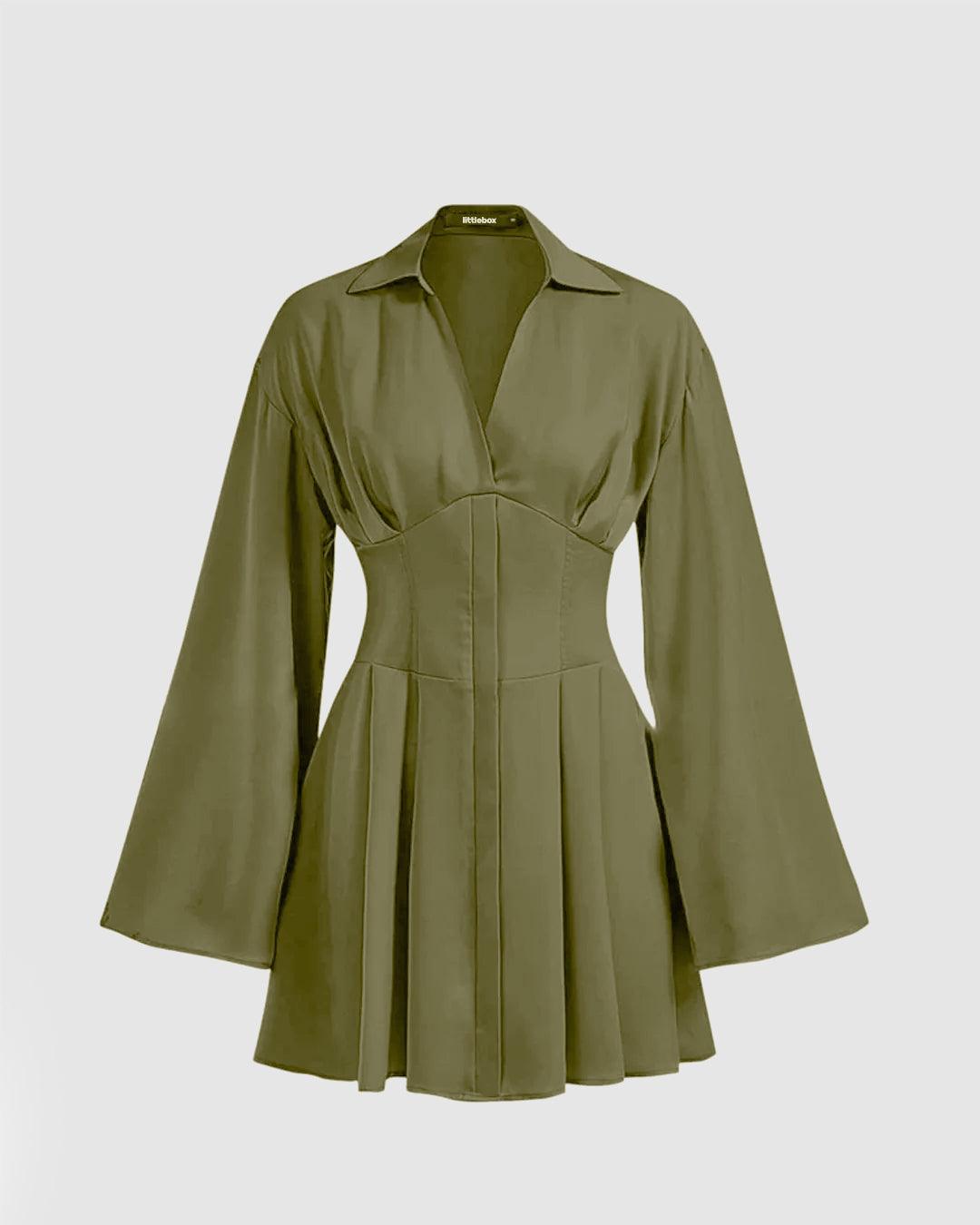 Bell Sleeve Pleated Shirt Dress In Herbal Green - Littlebox India Bell Sleeve Pleated Shirt Dress In Herbal Green - Littlebox India