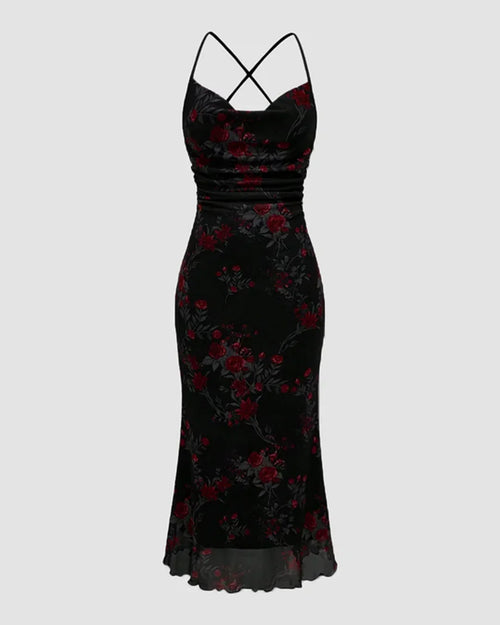 Front view of Black retro floral bodycon midi dress with a cowl neckline, mermaid hem, and slim fit silhouette for an elegant evening look.