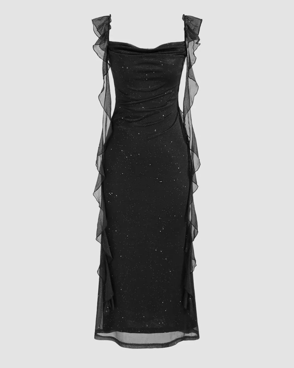 Black Ruched Ruffle Mesh Sleeveless Bodycon Midi Dress Black Ruched Ruffle Mesh Sleeveless Bodycon Midi Dress