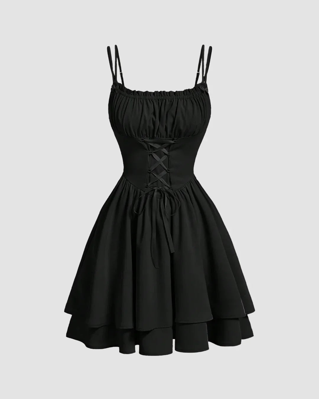Black Tiered Mini Dress with Spaghetti Straps - Littlebox India Black Tiered Mini Dress with Spaghetti Straps - Littlebox India