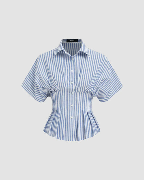 Front view of blue striped collared short sleeve shirt with a cinched waist, adding a stylish touch to casual wear.