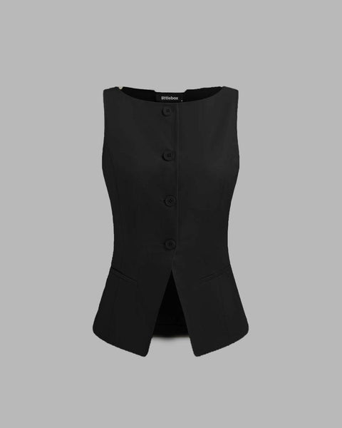 Boat Neck Front Button Black Vest Jacket Front View For Women | Littlebox India