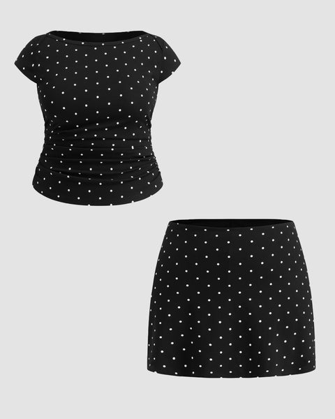 Boat Neck Polka Dot Ruched Top & Mini Skirt Set Curve & Plus Front View for Women | Littlebox India